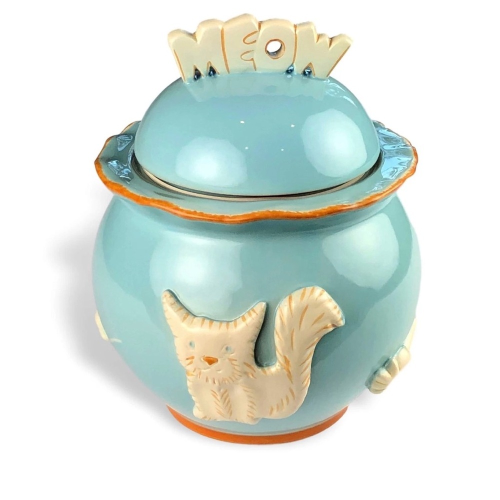 Carmel Ceramica Cat Cookie jar with “Meow” lid